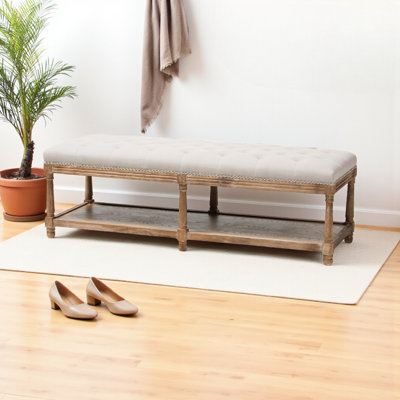 Backes Solid Wood Storage Bench in Oak Beige Linen Upholstery, 18.90'' H X 57.48'' W X 18.90'' D