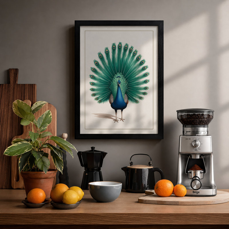 Peacock in Profile Botanical - Framed Print, A4 - 29.7 x 21.0 cm, Black