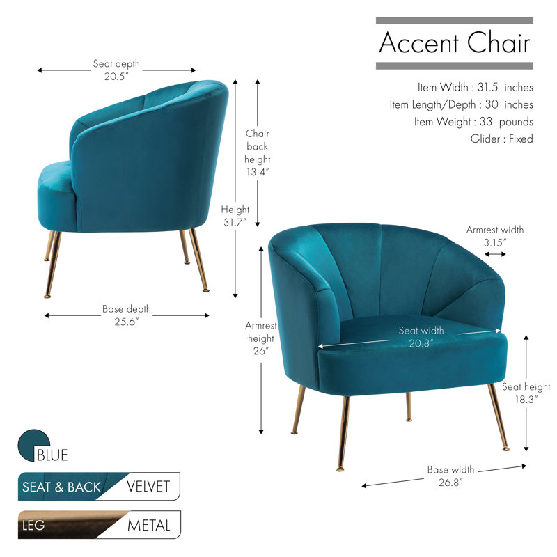Fauteuil en velours large 31,5 po Liparit, Bleu