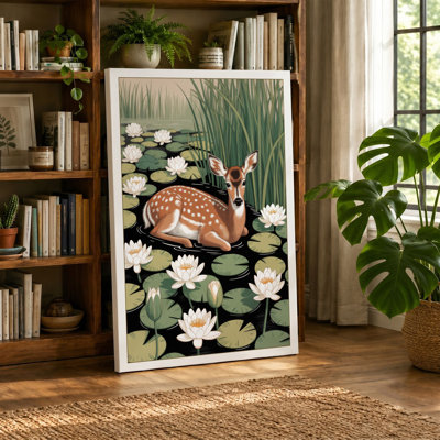 Deer Among Water Lilies Botanical - Wrapped Canvas