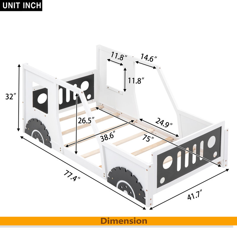 Lit plateforme classique avec roulettes en forme de voiture, Blanc