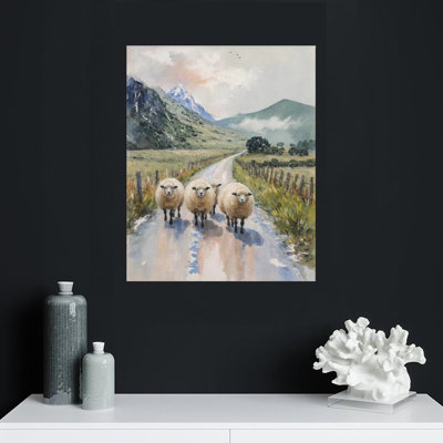 Sheep On Country Road, Built-In Wooden Frame, 16W X 20L