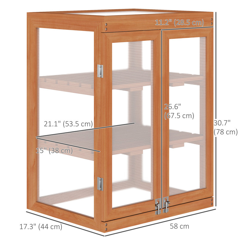 Serre froide avec cadre en bois, 2 tablettes, orange