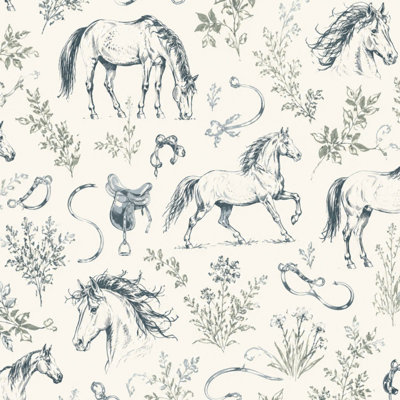 Peel and Stick Wallpaper Elegant Horse Floral Vintage Equestrian Elements Wall Mural 23.6"W x 118"H Self Adhesive Removable Wall Paper Renter Friendly Wallpaper for Nursery Bedroom Cabinets
