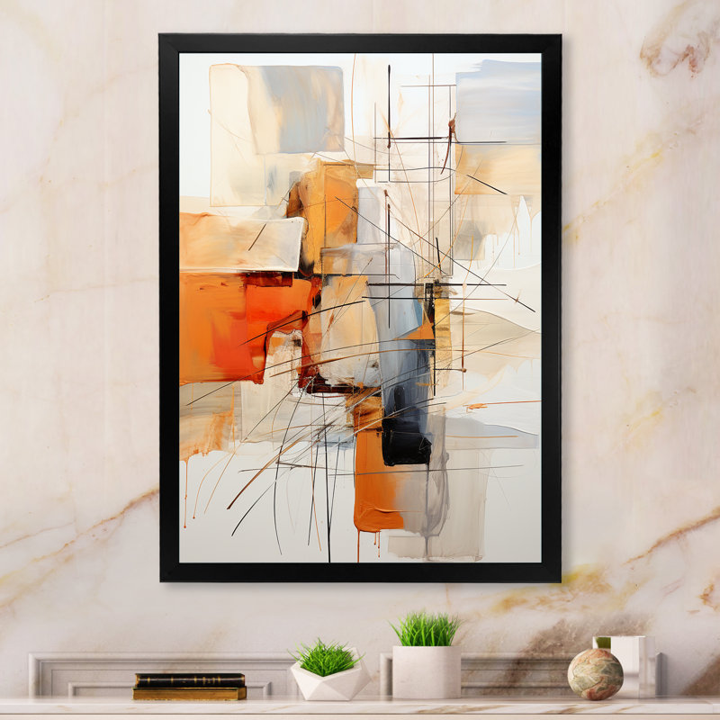 Orange orange et gris, art abstrait sur toile, Impression encadrée, H 32 po x l 16 po x P 1 po, Noir