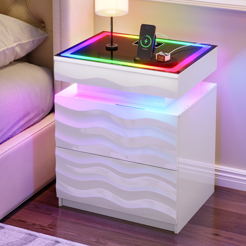 Motion Sensor RGB Light Bedside Table with Tempered Glass Top and Hidden Storage, White