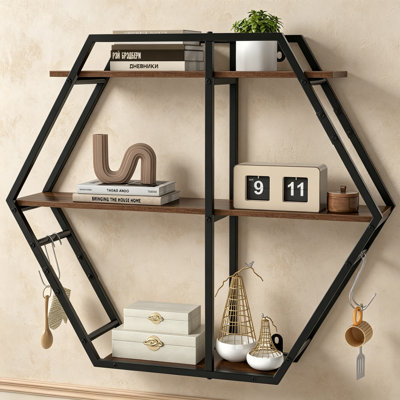 3-Tier Industrial Hexagon Floating Wall Shelves, Wall Mounted Wooden Storage Rack with Metal Frame & Built-in Hooks, Decorative Display Organiser Ledge for Living Room, Bathroom & Kitchen Wall Décor