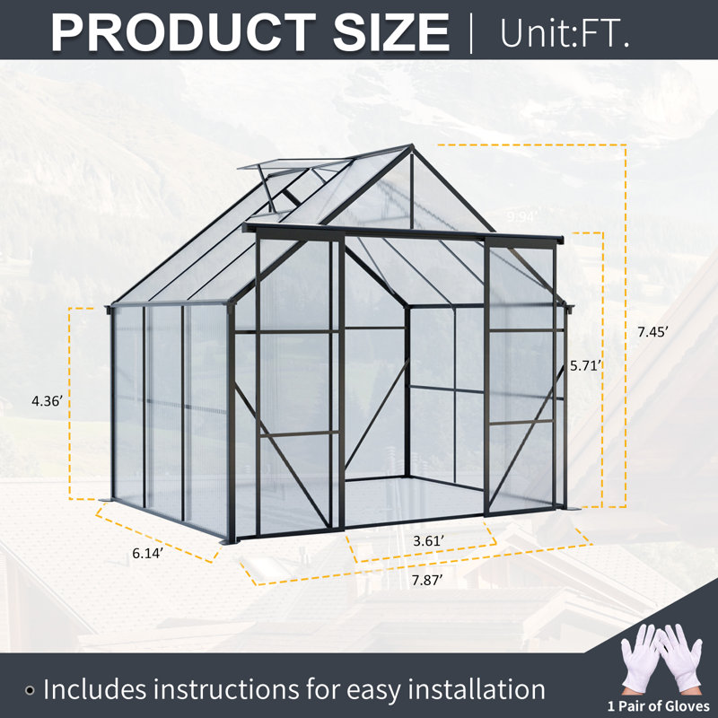 8x6 Polycarbonate Greenhouse With Double Door For Outdoor Backyard Black