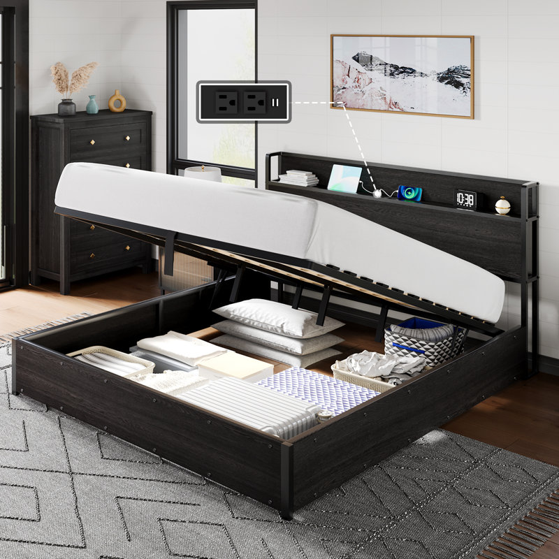 King Size Black MDF Lift Up Storage Bed Frame with Charging Station