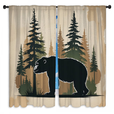 Black Bear In Forest Window Curtains Bear Sheer & Room Darkening - 2 Panels