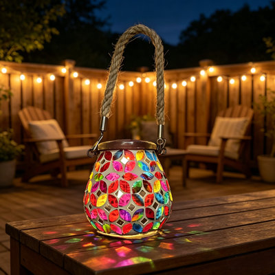 Colorful Mosaic Glass Solar Lantern, Projection Light With Rope Handle, Auto On/off