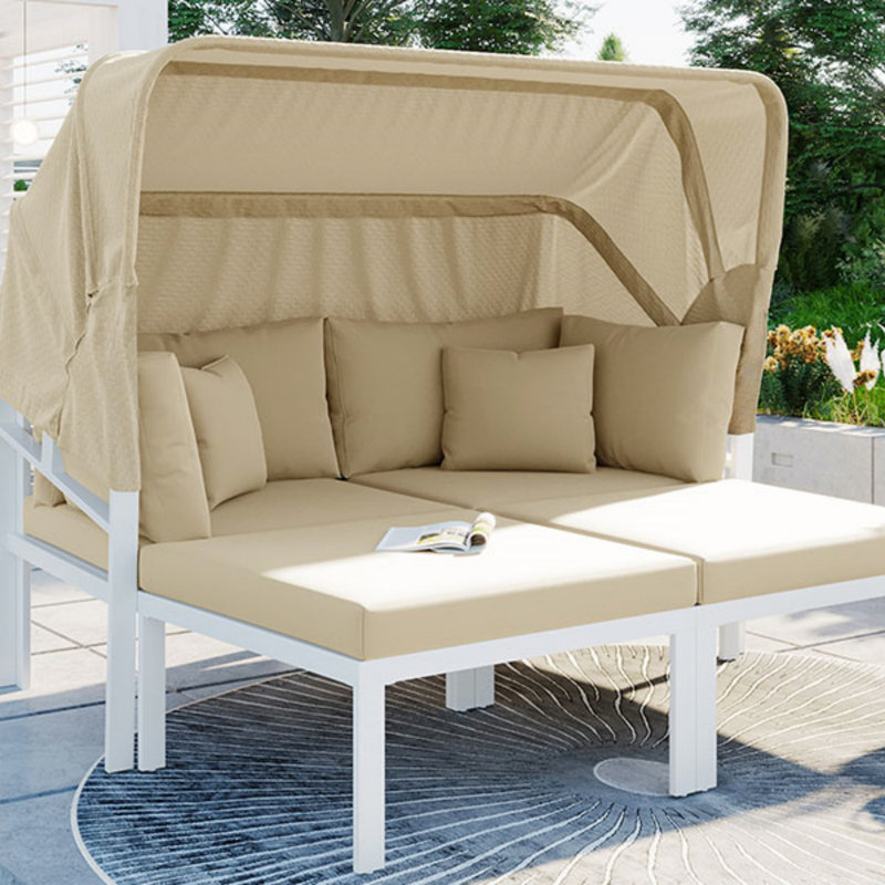 Ensemble de 3 chaises longues de patio avec auvent rétractable et canapé modulaire en métal pour l'extérieur