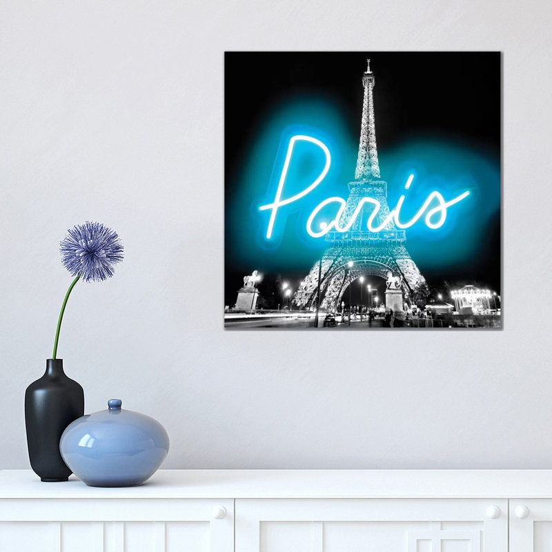 Neon Paris Aqua On Black by Hailey Carr - Wrapped Canvas Print, 45.72 cm H x 45.72 cm W x 1.91 cm D