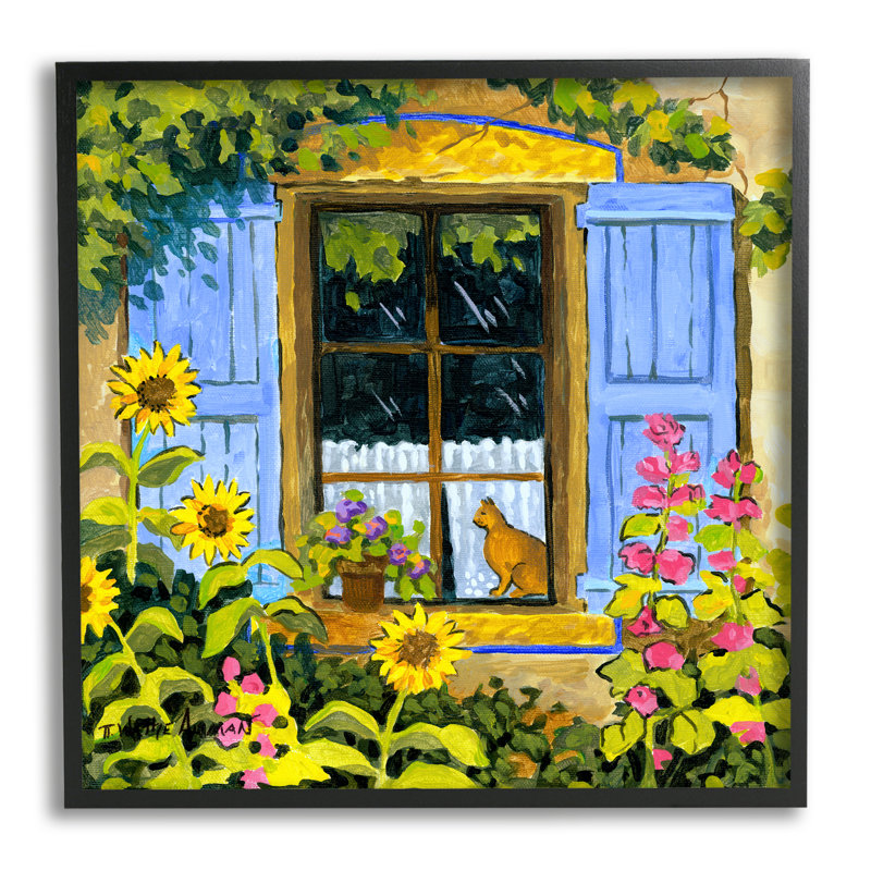Chat dans une fenêtre de jardin par Robin Altman, H 17 po x l 17 po x P 1,5 po, Giclée encadrée noir minuit