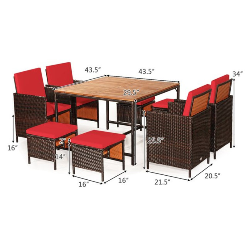 Khotare 8 - Person Acacia Wicker Patio Dining Set with Square Table , Cushions Included, Red