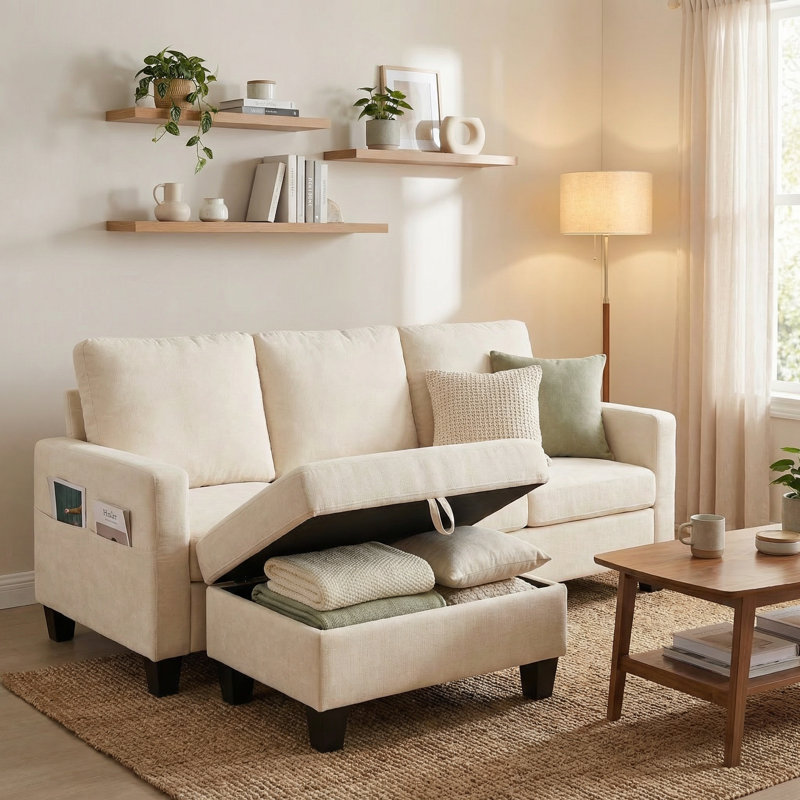 Ensemble de canapé moderne à 3 places avec repose-pieds de rangement, canapé en chenille compact pour petits espaces, structure en bois massif et poche latérale, avec repose-pieds de rangement