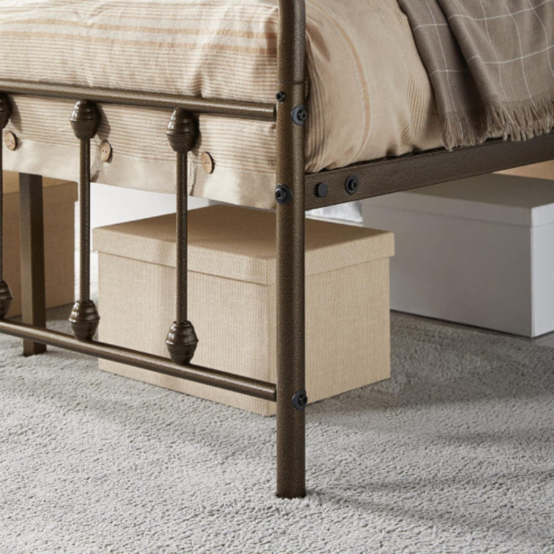 Classic Iron Platform Bed with High Headboard and Footboard, Bronze, Queen