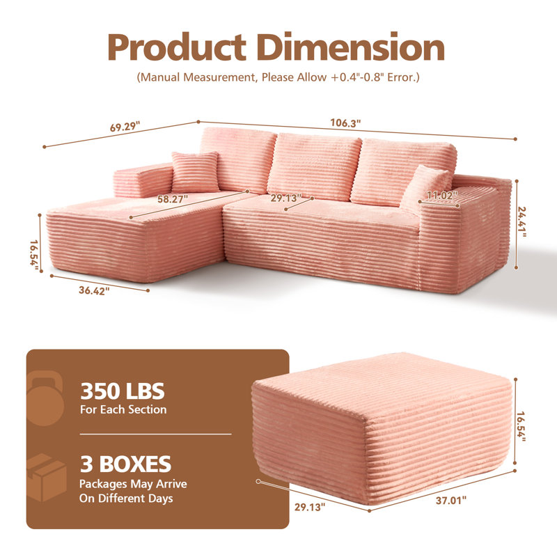 Walsh Boneless Modular L-shaped Sectional Sofa With Ottoman, No-assembly Cloud Couch, Boneless Design For Modern Living