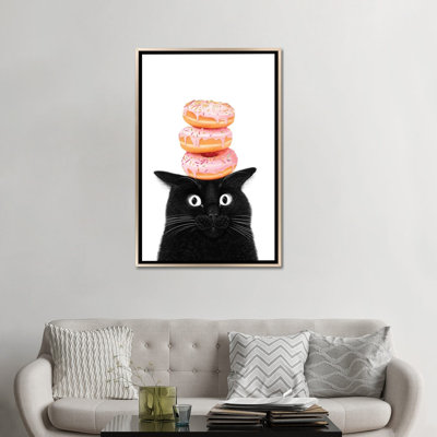 «Black Cat With Donuts», reproduction d'art sur toile encadrée