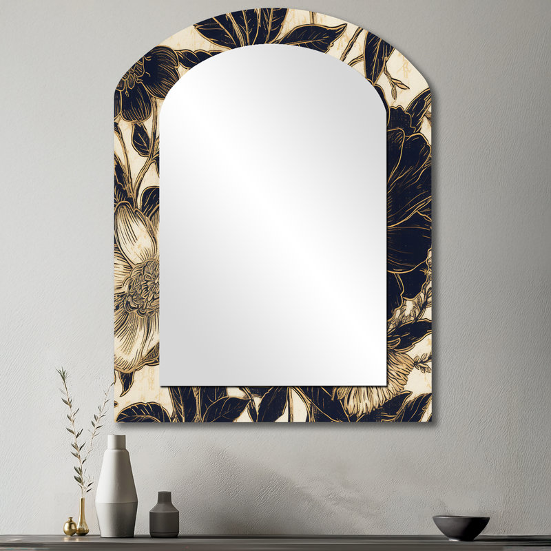 «Blue Gold Carnation Flower II» - grand miroir mural asymétrique, œillets traditionnels, impression sur métal, 43 po x 33 po
