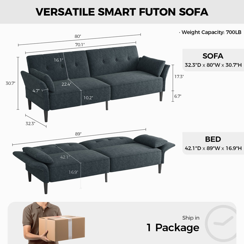 89" Velvet Fabric Convertible Sofa Couch with 2 Square Pillows,Adjustable Backrest& Armrests, Dark Gray