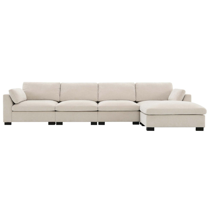 130" Modular Sectional Sofa, L-Shape with Folding Table and Dual-Port Charging, Side Storage Pockets, 2 Armrest Pillows, Free Movement Ottoman, High Density Foam, Chenille, 5 Seat
