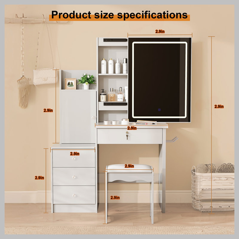 Vanity Desk Set with Sliding Lighted Mirror, Makeup Dressing Table with 4 Drawers & 9 Storage Spaces, Hidden Compartments and Cushioned Stool, White Beauty Furniture for Bedroom