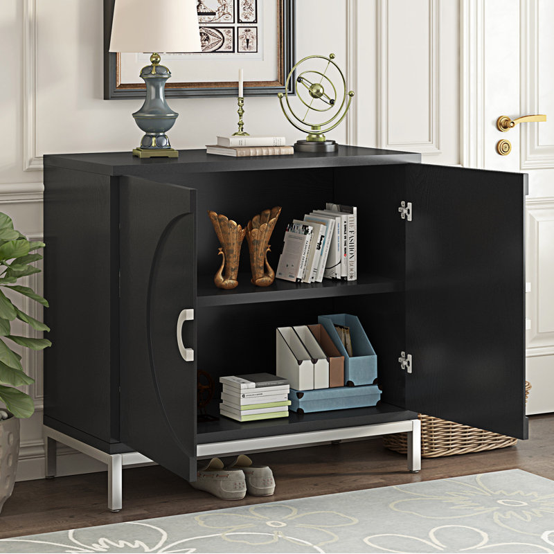 Armoire d'appoint de rangement simple avec placage en bois massif et cadre en métal Trexm, Noir / blanc