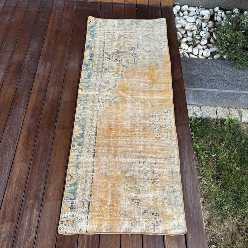 Hand-Knotted Turkish Wool Rug in Vintage Style Ideal for Small Spaces and Door Mat with Brown Tones
