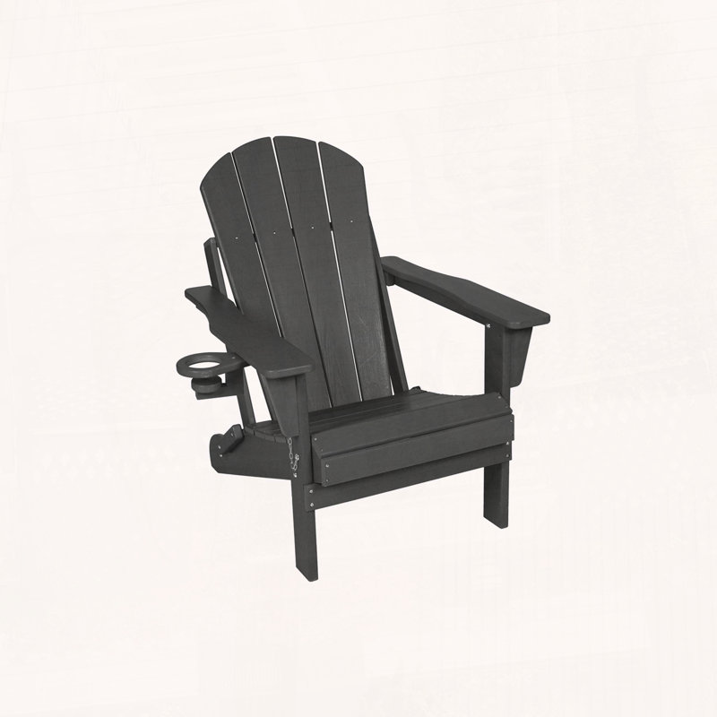 Folding HDPE Adirondack Chair with Cup Holder – Wood-Textured, All-Weather & Easy Storage for Patio, Dark Gray