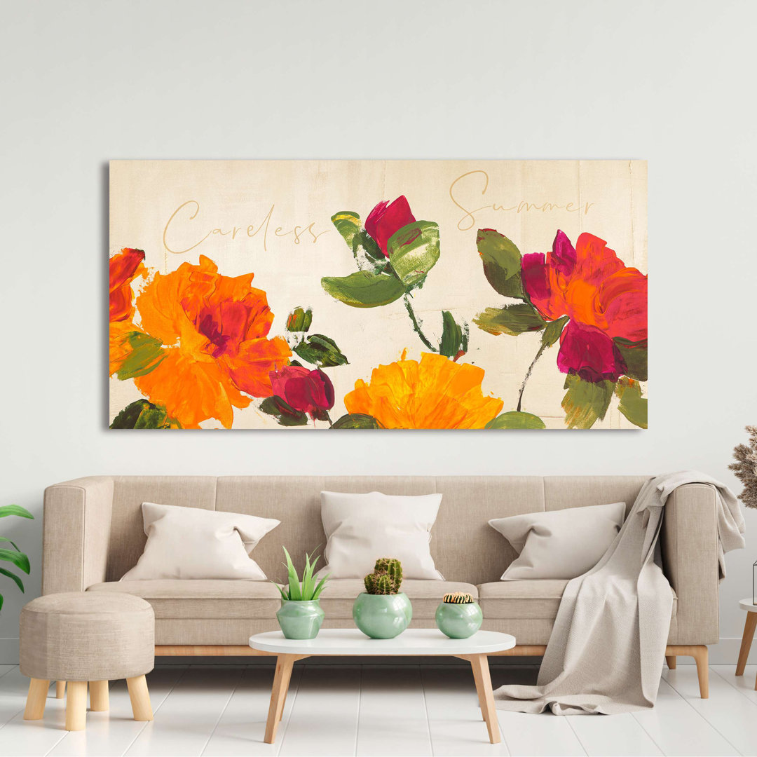 Sorgloser Sommer: Orange und rote Rosen von Teo Rizzardi - Leinwanddruck