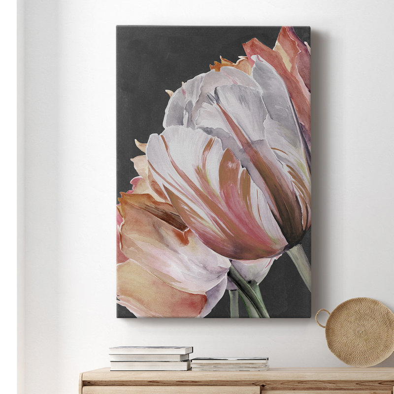 Pastel perroquet tulipes III - peinture sur toile tendue, H 48 po x l 32 po x P 1,5 po