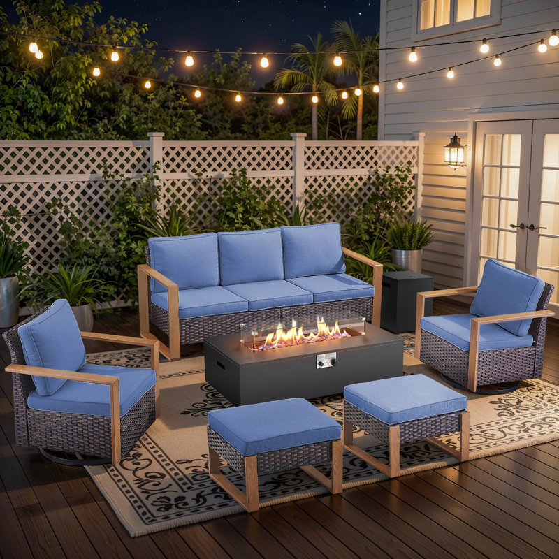 Bruner 6-Piece All Weather Wicker Patio Fire Pit Table Conversation Set With Hidden Tank Holder, Swivel Gliders And Ottomans