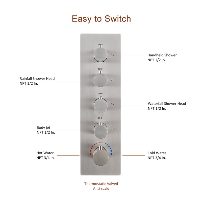 Brushed Gold Large Dual Rectangle Ceiling Mounted Shower System with LED and Bluetooth