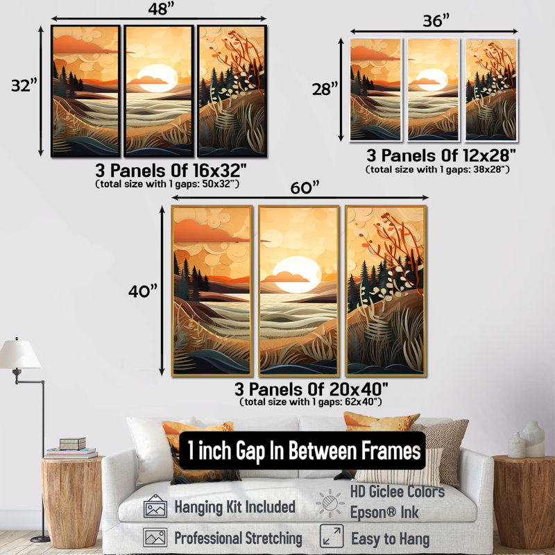 Dighton - Ensemble de salon mural art abstrait paysage, Cadre flottant brun, H 32 po x l 48 po x P 1 po