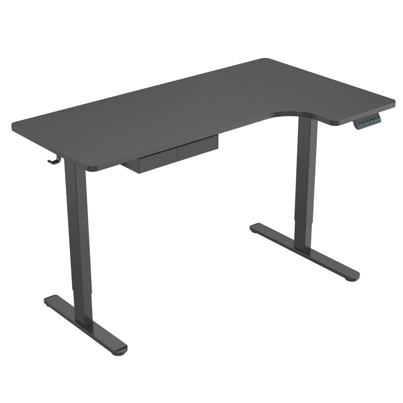 AdaptaDesk 35" Black Wood Electric Sit-Stand Corner Desk with Drawer