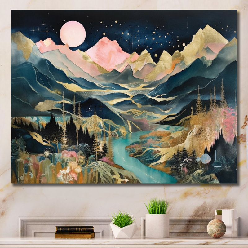 Ruisseau à travers les montagnes - paysages abstraits, art mural, Toile tendue, H 12 po x l 20 po x P 1 po