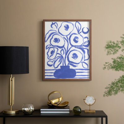 «Blue Brush Flowers I», reproduction encadrée - bois massif