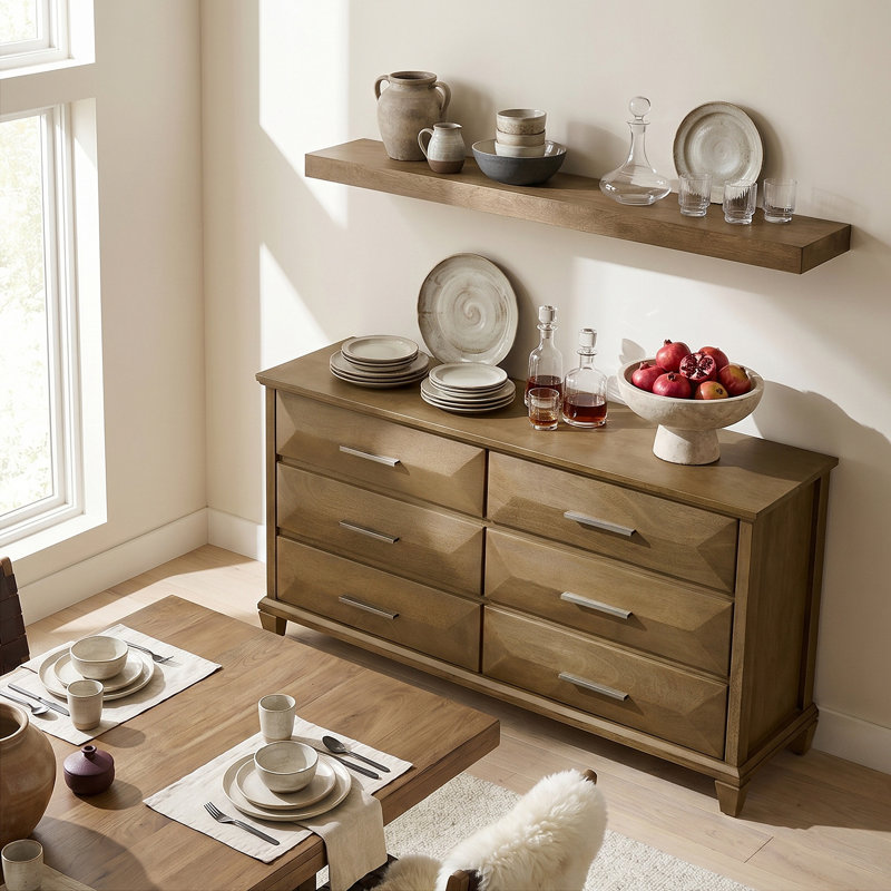 Weslyn Transitional 56" W 6 Drawer Dresser, Antique Oak