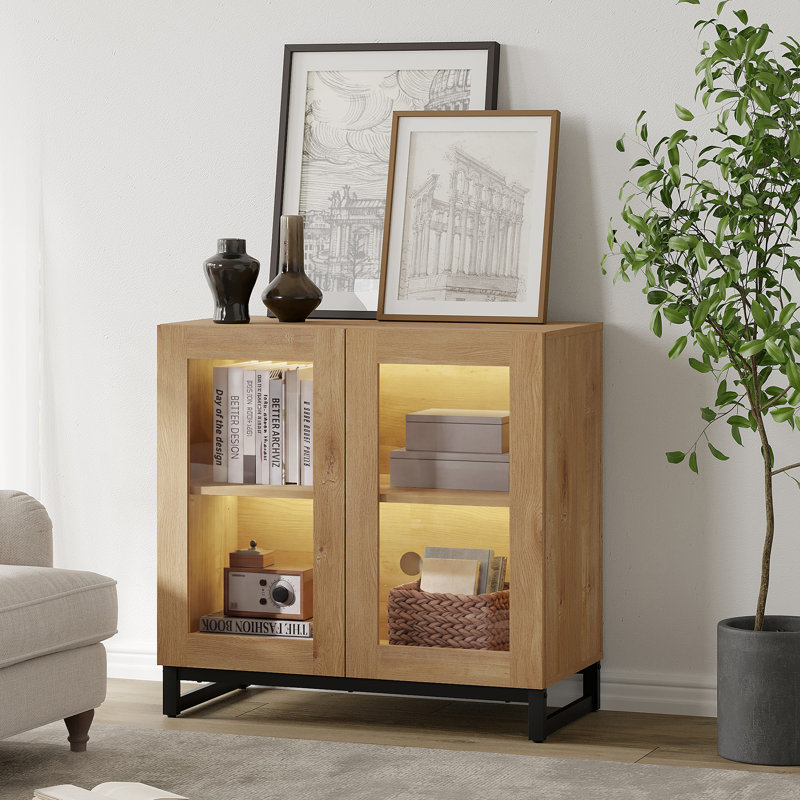Armoire d'appoint moderne avec 2 portes en verre, commode d'appoint multifonctionnelle avec grand rangement et tablette réglable