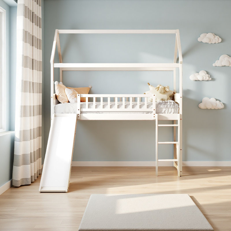 Lit mezzanine simple avec glissade, lit maison avec glissade, Blanc