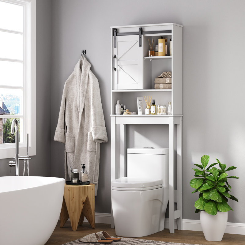  Freestanding Over The Toilet Storage Cabinet, Farmhouse Bathroom Storage With Adjustable Shelf & Barn Door, White