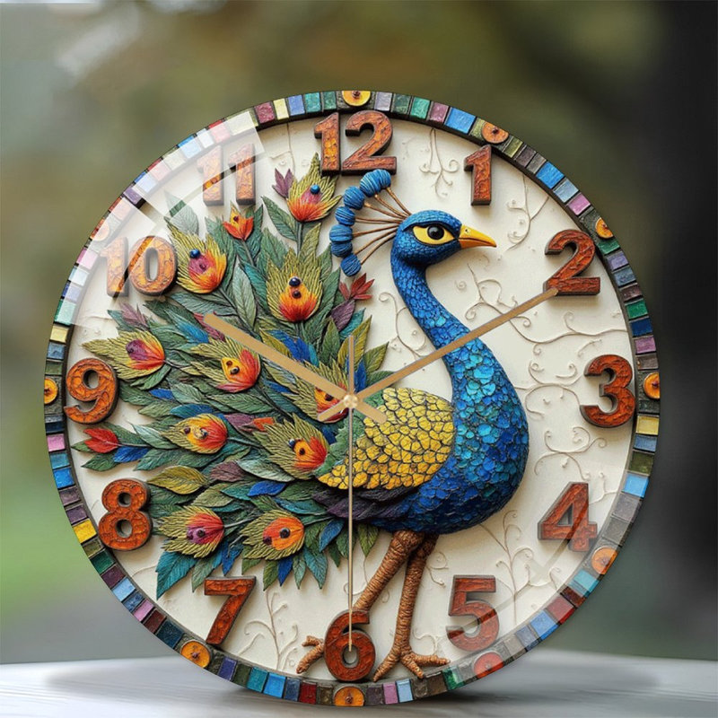 Horloge murale colorée paon avec design unique et art artistique - horloge murale moderne en verre 12 po