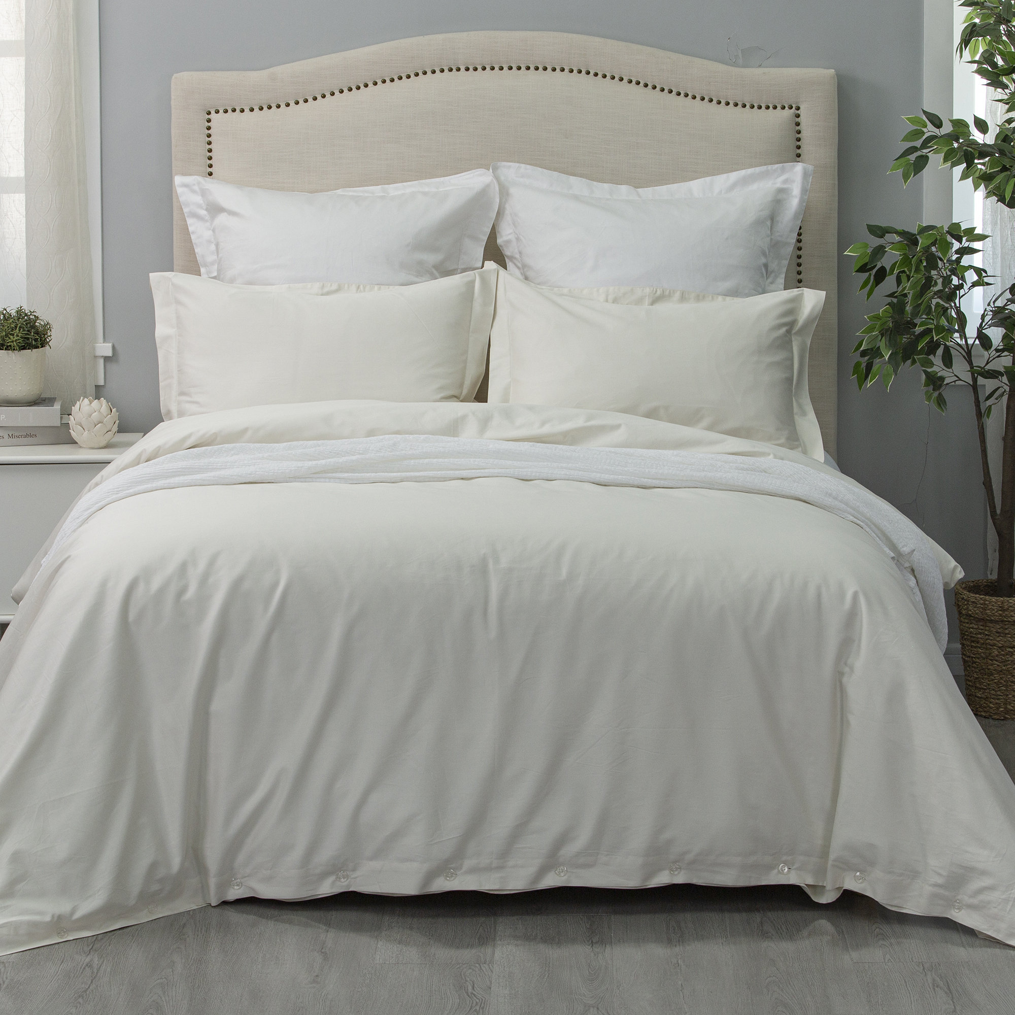  Long Staple Cotton Sateen 400 Thread Count Duvet Cover Set, Queen Duvet Cover + 2 Standard Shams, Ivory