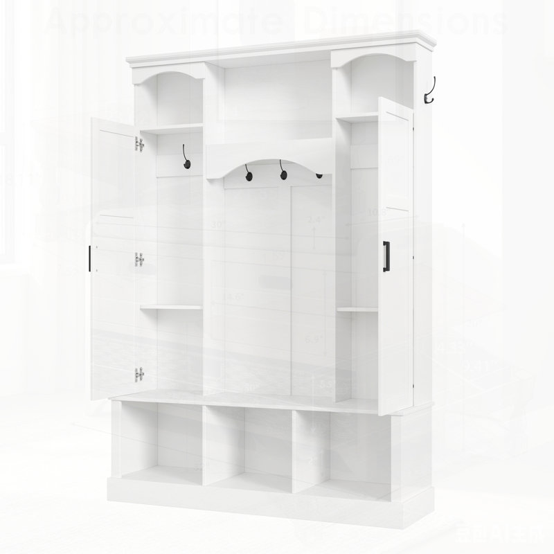 Modern All-in-One Hall Tree with Adjustable Shelves, Classic Arched Farmhouse Storage Bench, and Dual Side Cabinets for Elegant Entryway Organization