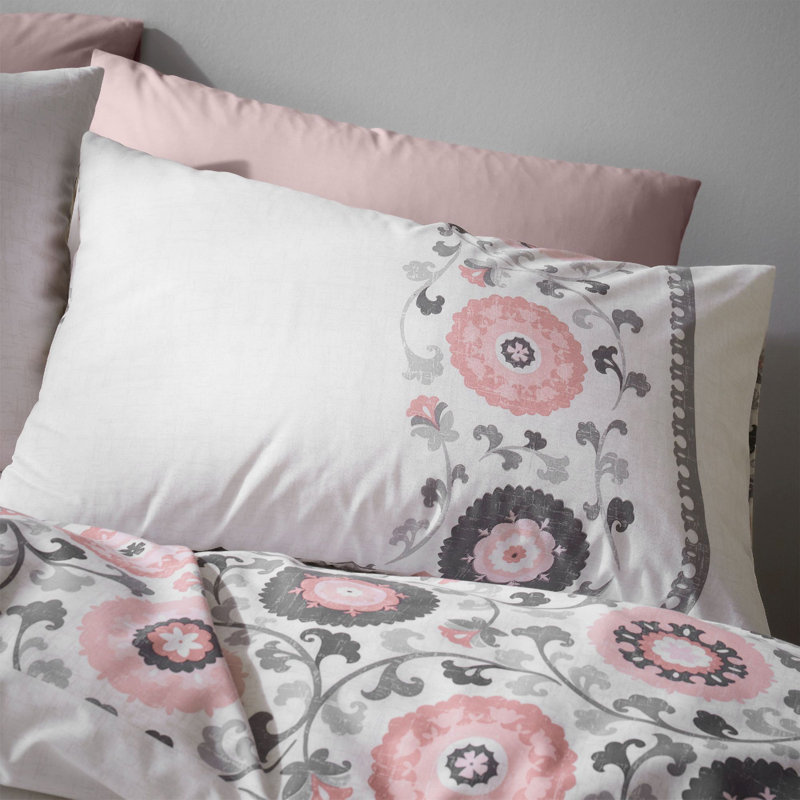 Hana Flower and Leaf Cotton Duvet Cover Set With Pillowcases, Double - 2 Standard Pillowcases