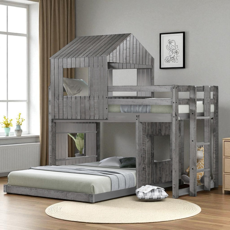 L - Shape Twin Over Full Bunk Bed, Antique Gray