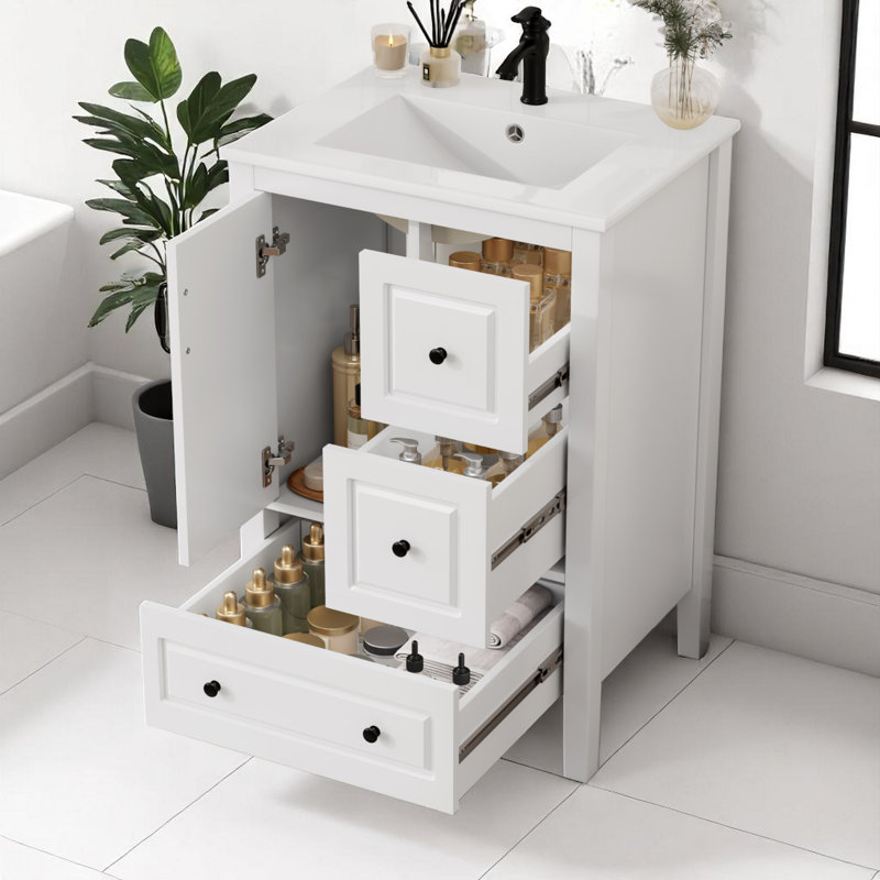 Ensemble de meuble-lavabo simple 23,7 po avec plateau en céramique, Blanc