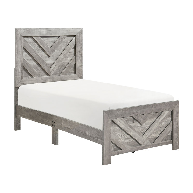 Lit simple gris avec dessus en placage de bois et finition rustique moderne, Lit simple, Gris