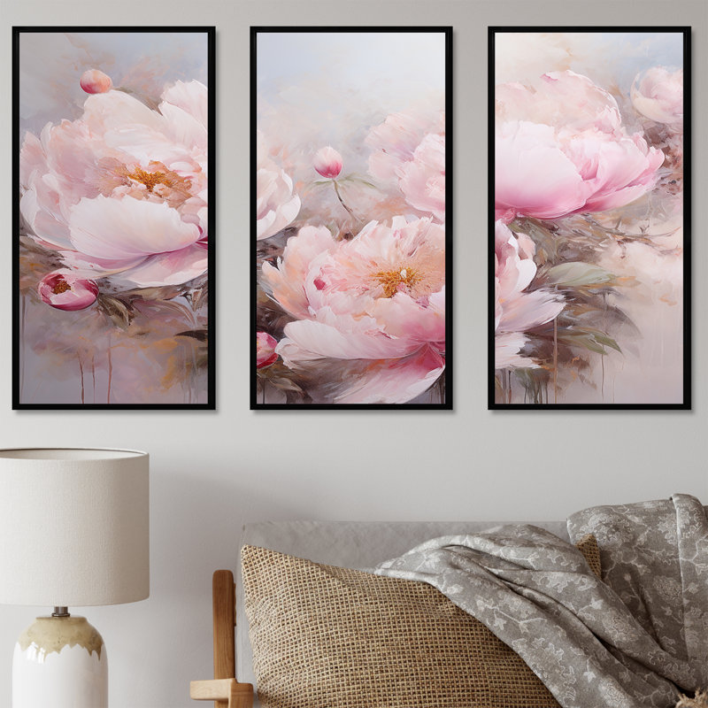 Pivoines roses, art liquide, champ de fleurs VI - ensemble d'art mural champ de fleurs, Cadre flottant noir